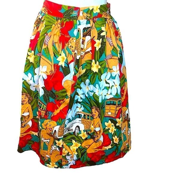 Grace Karin Wm’s Sz 3XL Coral Tan Aqua Retro Pinup Hawaiian Print A-Line Skirt - Picture 1 of 6
